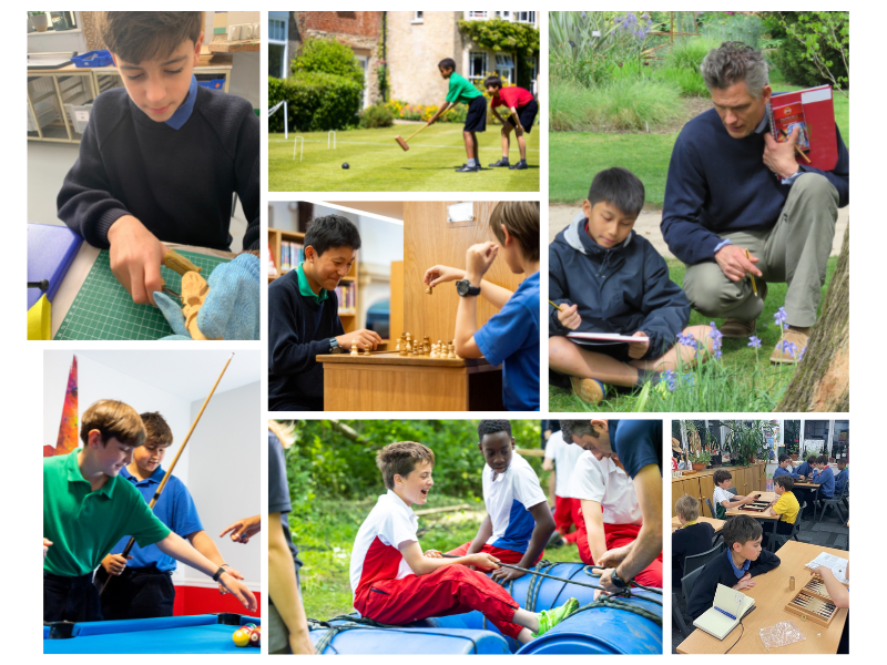 Montage of images showing boys playing chess, raft building, playing backgammon, playing pool, playing croquet, wood whittling and drawing