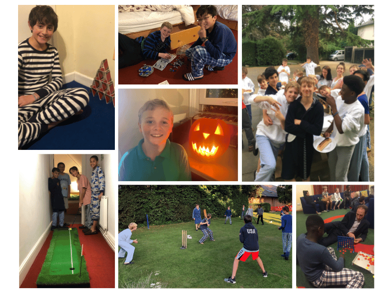 Montage of images showing young boy with card pyramid, boys playing games on the floor in their bedroom, young boy with hollowed our pumpkin, four boys practicing  their putting in a corridor, boys outside playing cricket in their pyjamas, young boys and man playing connect four, group of young boys standing outside holding food on plates