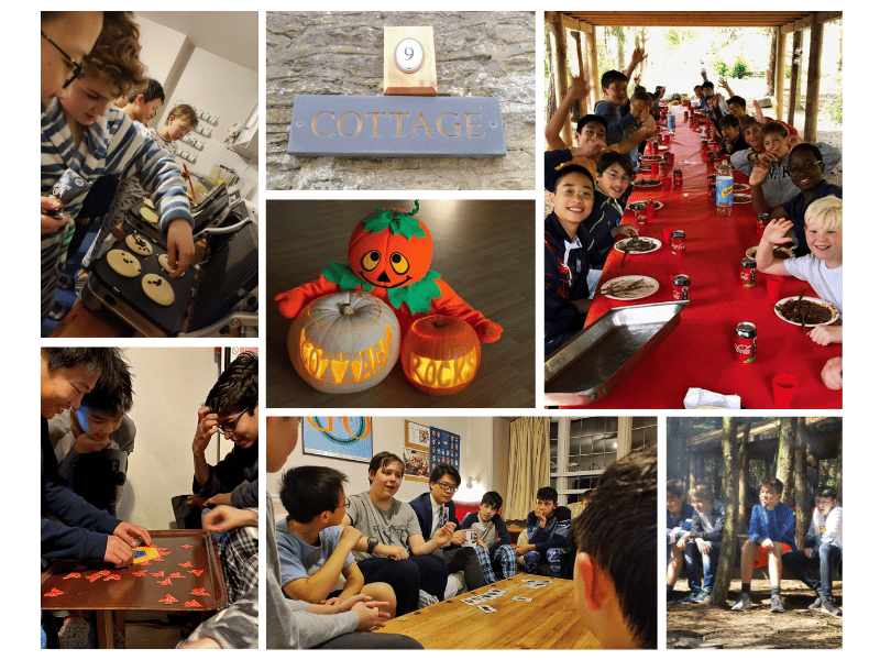 Montage image showing young boys making pancakes, playing games, sitting around a table talking, sitting at a long red table outside about to eat lunch, small pumpkin man with two hollowed out pumpkins which have the words Cottage Rocks hollowed out of them. Slate sign with the word Cottage engraved onto it.