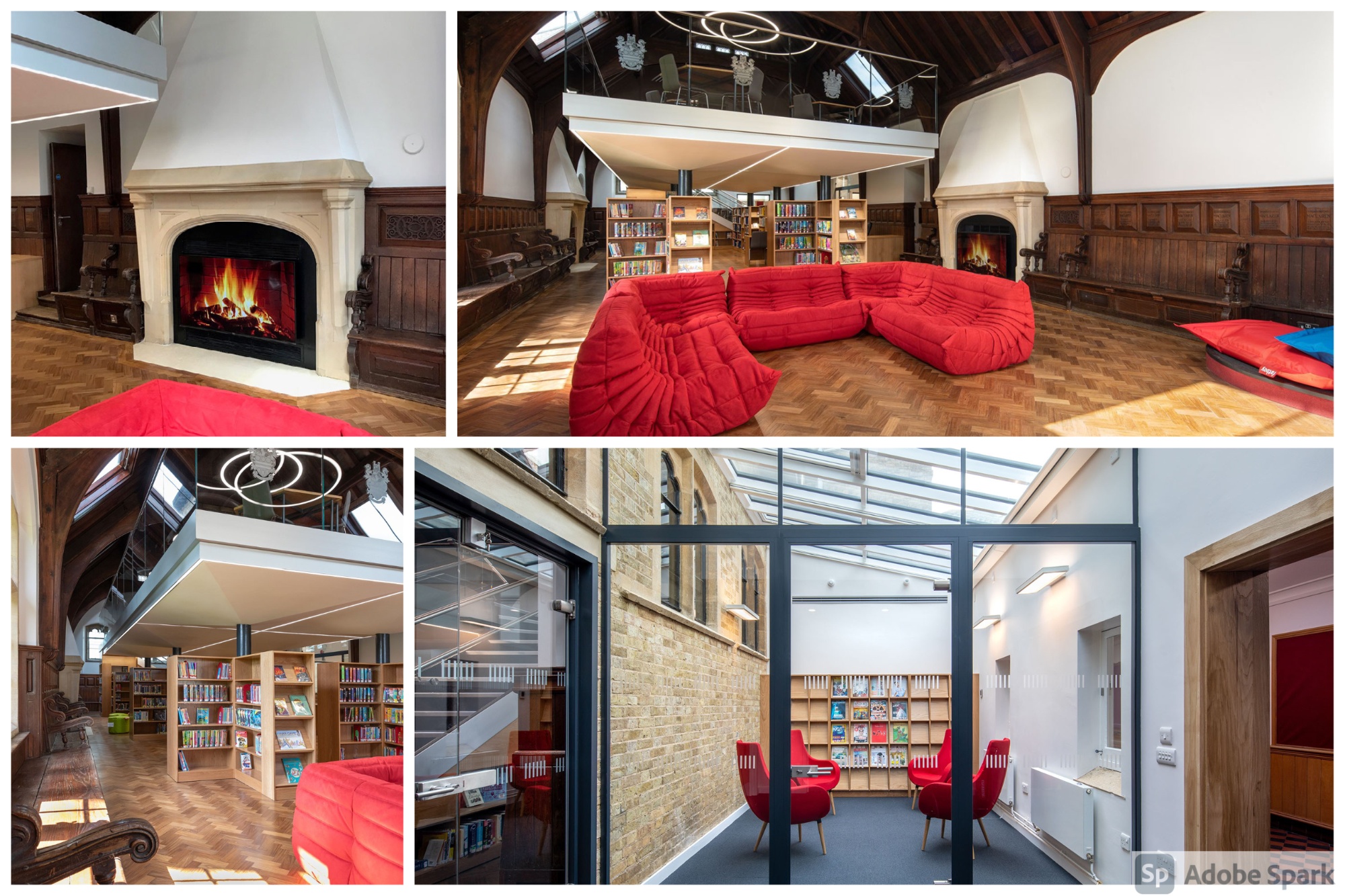 Stone fireplace with fire in the grate, seating area, bookcases, room with four chairs and magazine rack on the wall