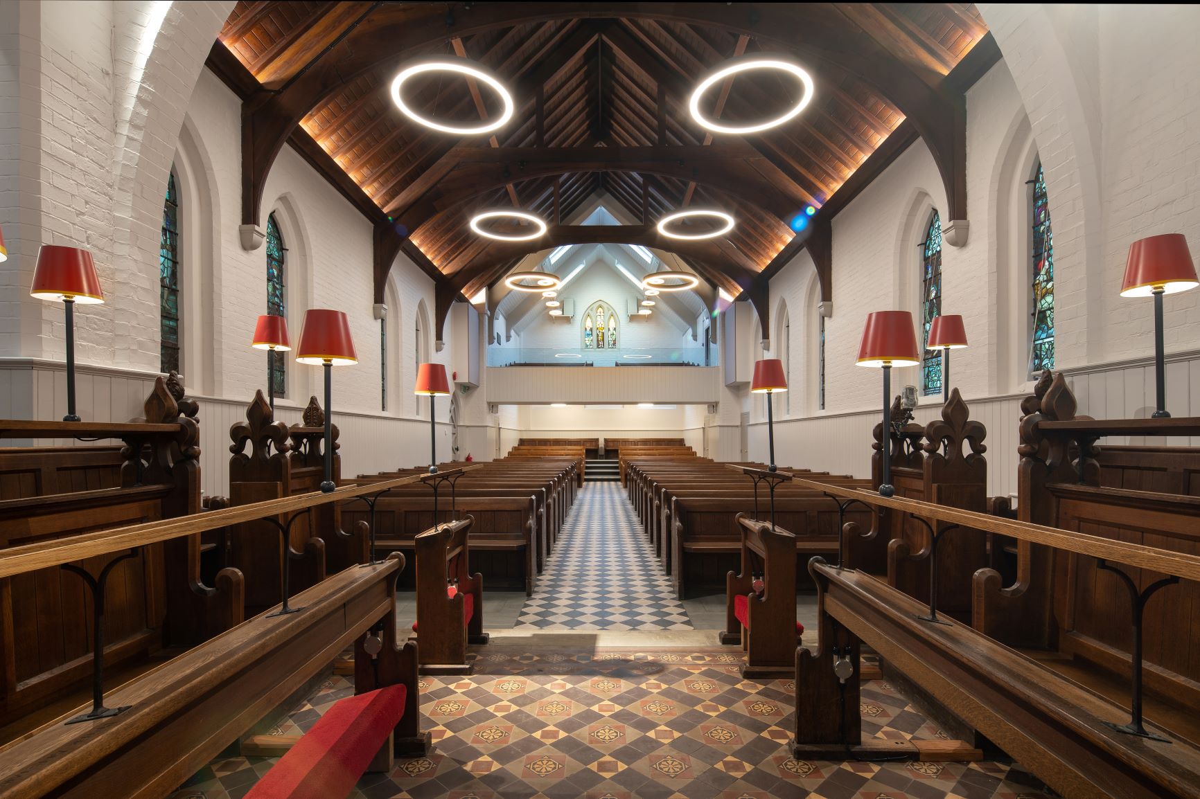 View looking from the back of a chapel towards the altar